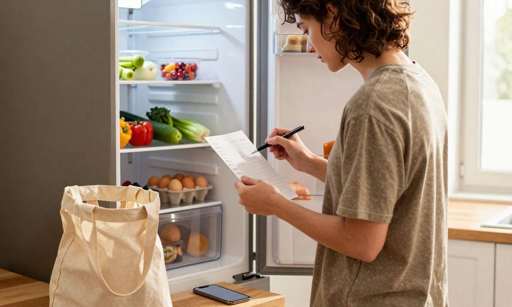 Person standing in front of an open refrigerator stocked with fresh produce while writing a grocery inventory list on paper