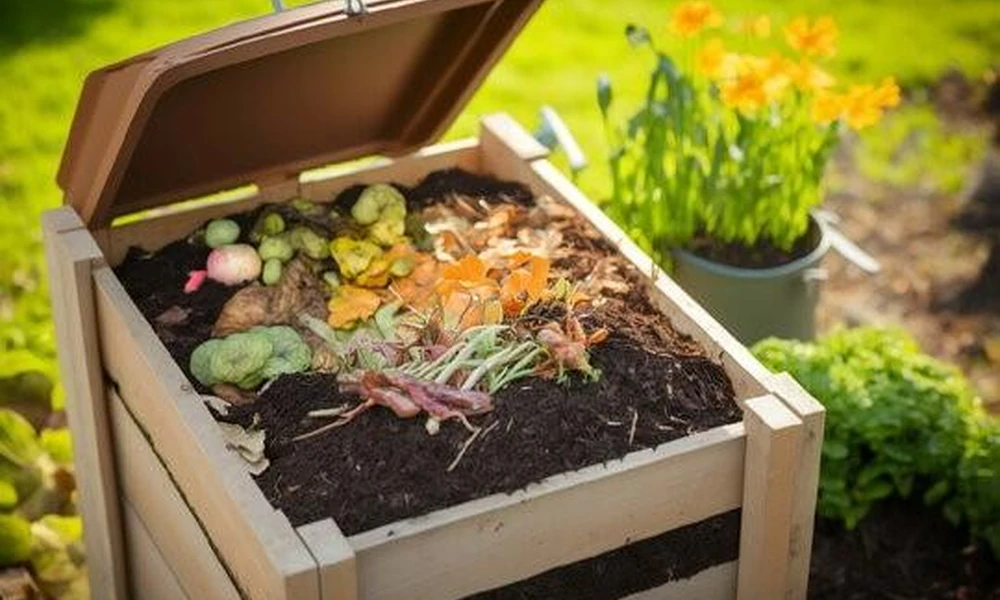 Open wooden backyard compost bin containing organic fruit and vegetable scraps surrounded by green garden foliage