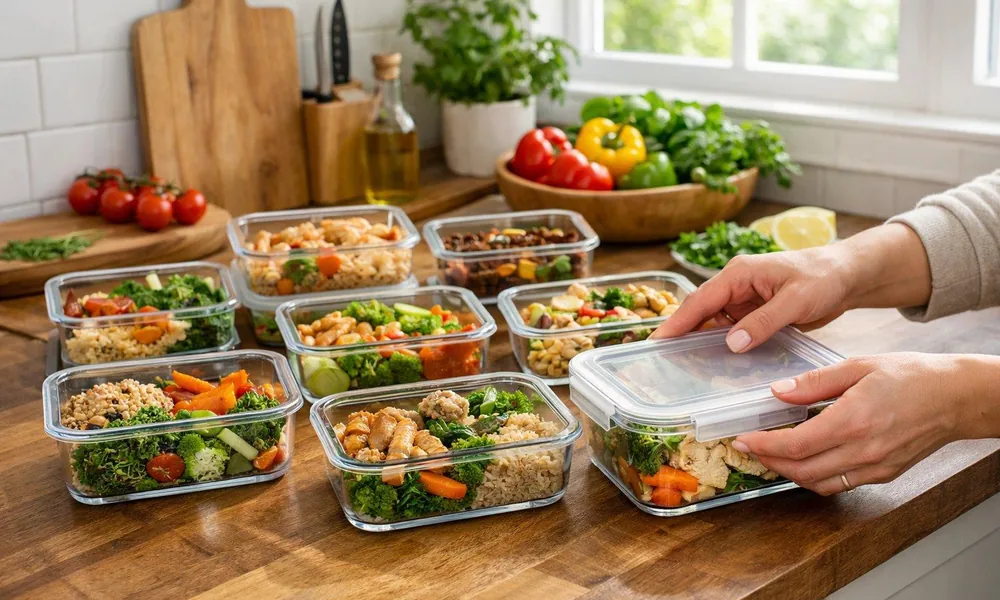 Hands sealing airtight glass containers filled with portioned leftover meals and fresh vegetables on a wooden tabletop-Green Living Ideas