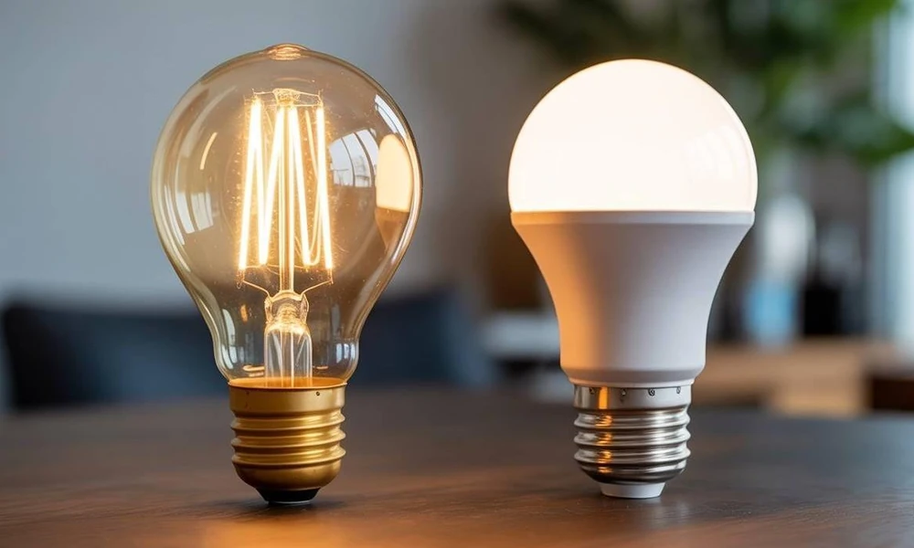 Visual comparison of a traditional filament incandescent light bulb next to an energy-efficient LED light bulb on a wooden table