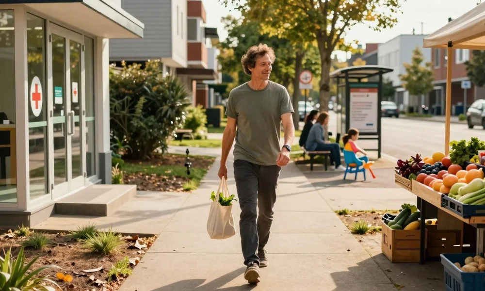 Man carrying a cotton grocery bag while walking on a neighborhood sidewalk past local markets and community shops