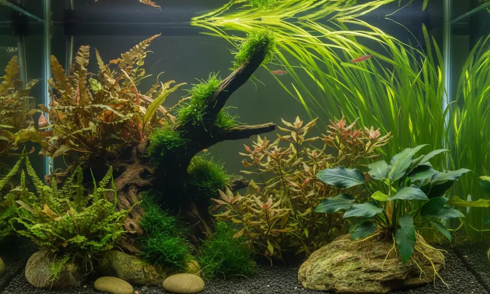 Peeacelily | Aquarium Plants: A Complete Guide to Types, Benefits, and Care Java fern and Anubias attached to driftwood in a planted aquarium