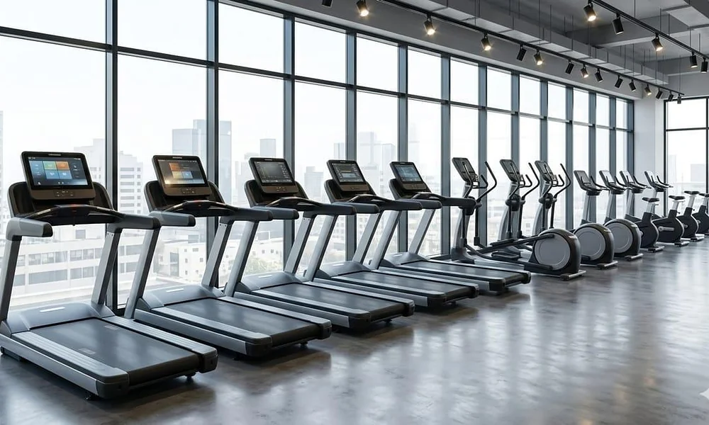 Peeacelily | Planet Fitness: Membership Costs, Equipment, Benefits, and What to Know Modern cardio zone featuring a long row of treadmills overlooking a city view-Planet Fitness