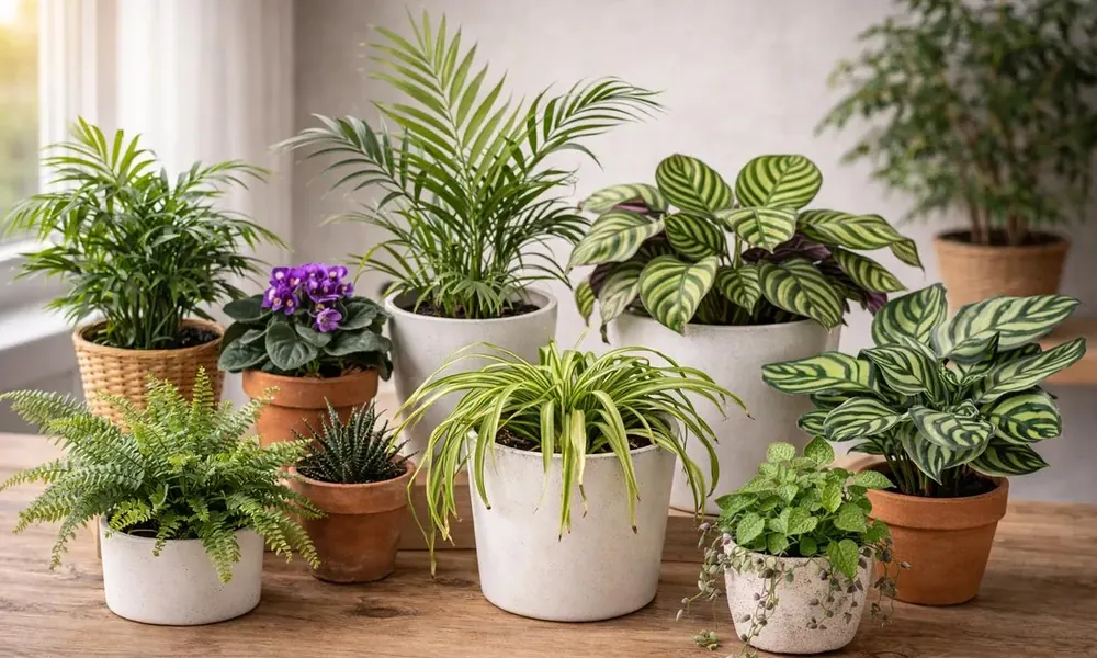 Collection of cat-safe houseplants including palms, ferns, and calatheas.