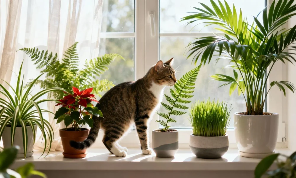 Cat sniffing a potted fern on a sunny windowsill next to cat grass