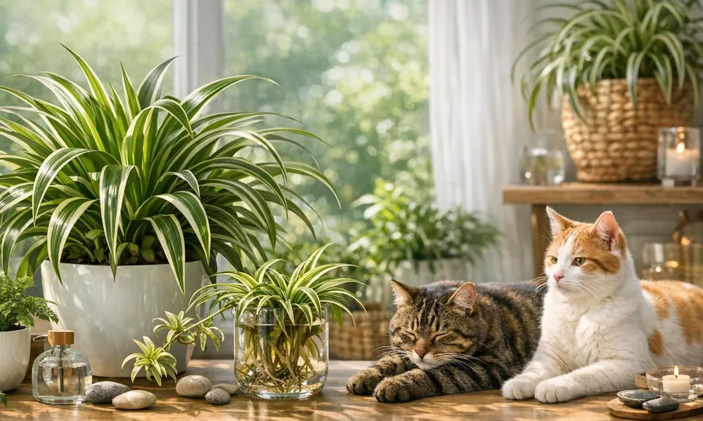 Two domestic cats lying beside potted spider plants on a wooden table.