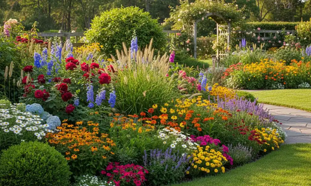 Colorful garden flower border featuring marigolds, zinnias, and ornamental grasses.