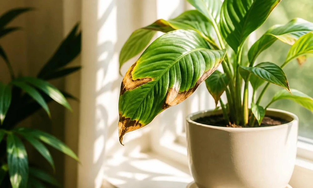 A peace lily showing yellow leaves and brown tips as common indoor plant problems.