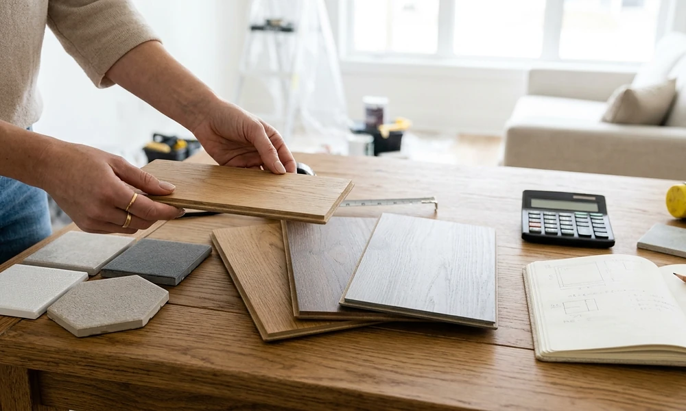 A person holding a wood plank sample while comparing it against other flooring options on a wooden table at home-Floor and Decor