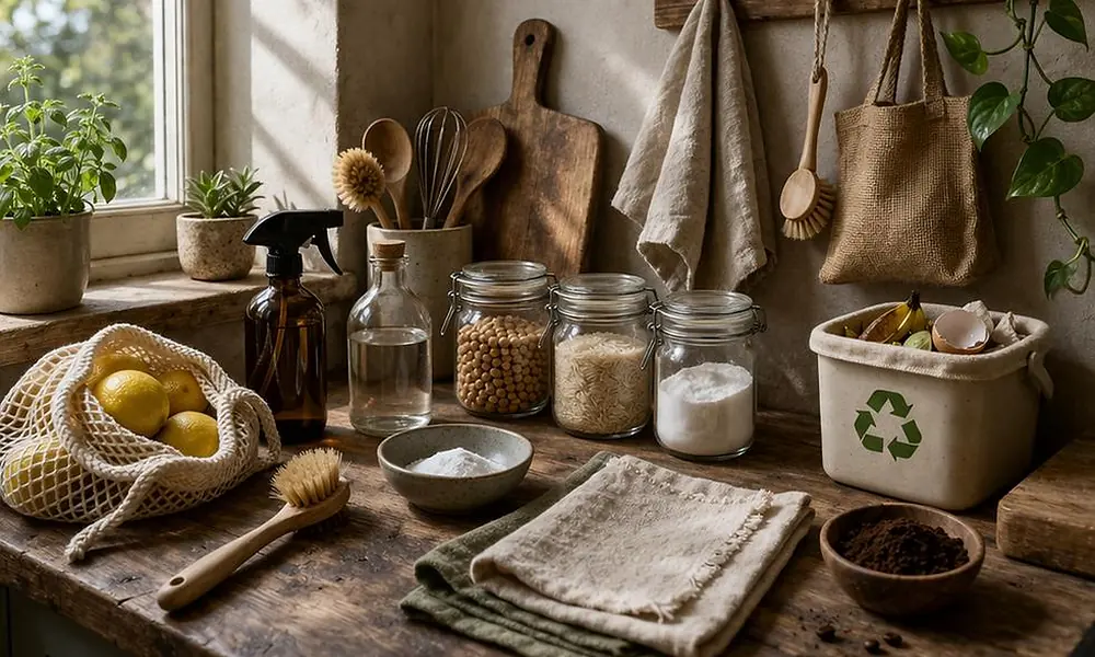 Rustic kitchen counter with glass storage jars, natural cleaning cloths, DIY spray bottle, and coffee grounds-Repurpose Household Items