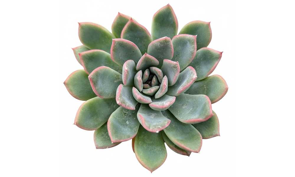 Peeacelily | Succulent Plants: A Complete Guide to Growing and Caring for Succulents Top-down view of a symmetrical echeveria rosette with green leaves tipped in pink