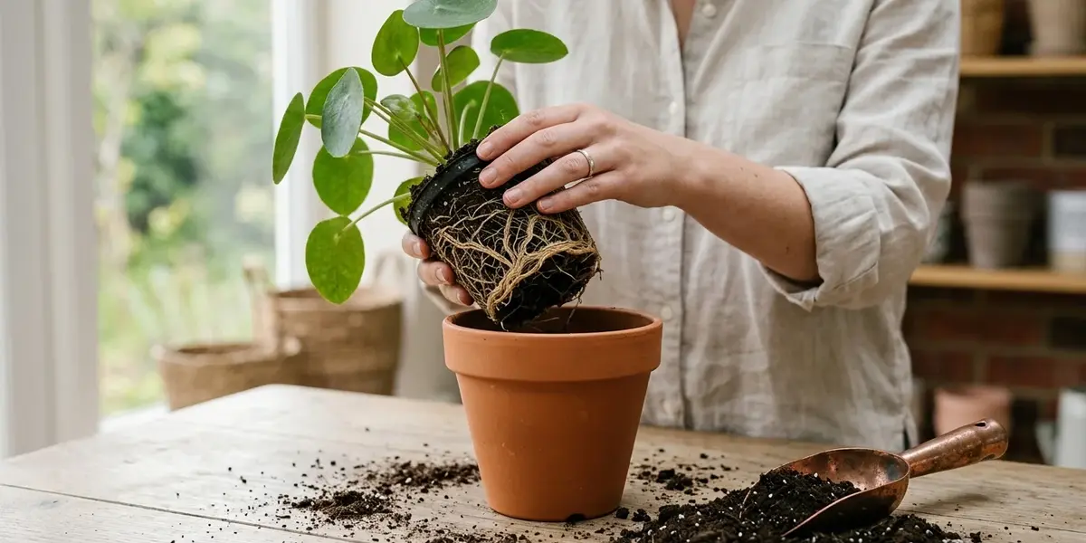 Peeacelily | How to Repot a Plant: Step-by-Step Guide for Beginners A person lowering a root-bound plant into a new terracotta pot.