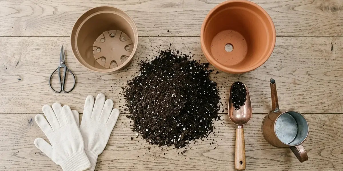 Peeacelily | How to Repot a Plant: Step-by-Step Guide for Beginners Flat lay of essential repotting tools including pots, gloves, pruning scissors, soil, scoop, and a watering can.