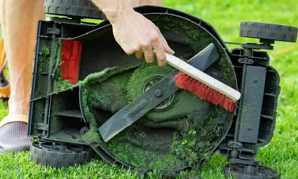 Peeacelily | Lawn Mower Repair: Common Problems and How to Fix Them Using a brush to clean grass clippings and debris from beneath a lawn mower deck.