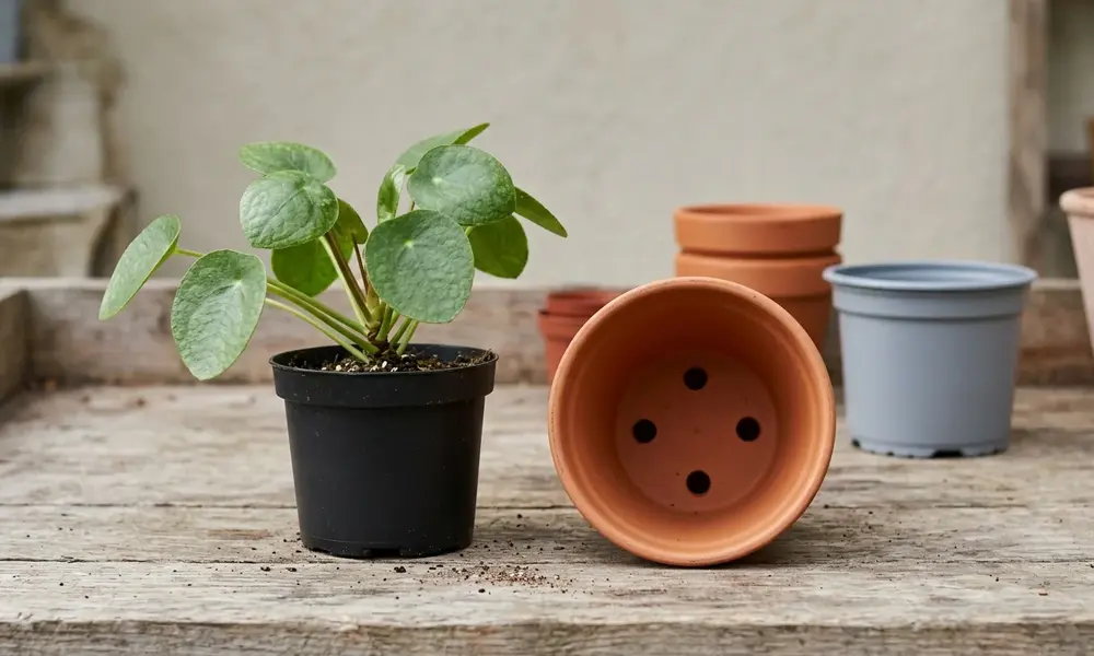 Peeacelily | How to Repot a Plant: Step-by-Step Guide for Beginners A small houseplant in a black plastic nursery pot next to empty terracotta and ceramic pots.