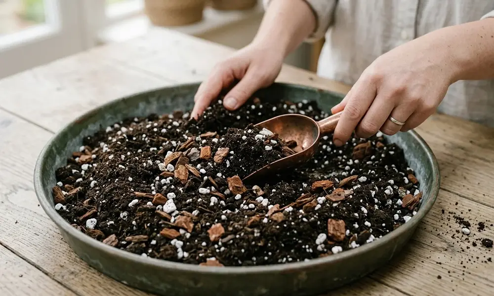 Peeacelily | How to Repot a Plant: Step-by-Step Guide for Beginners Hands mixing fresh chunky potting soil containing bark and perlite in a large tray.