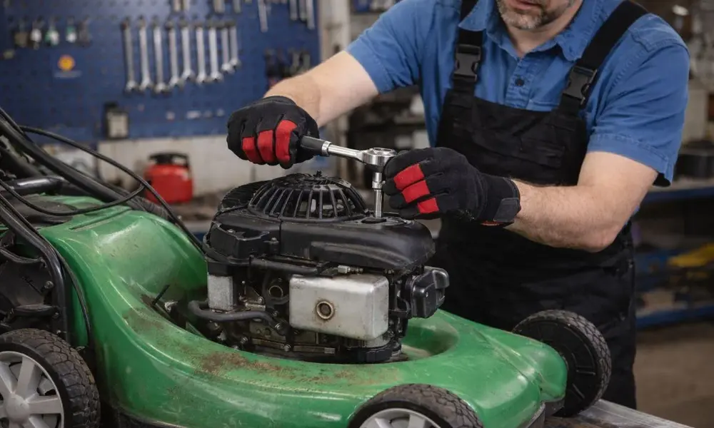 Peeacelily | Lawn Mower Repair: Common Problems and How to Fix Them A mechanic in a workshop using a socket wrench to work on a green lawn mower engine