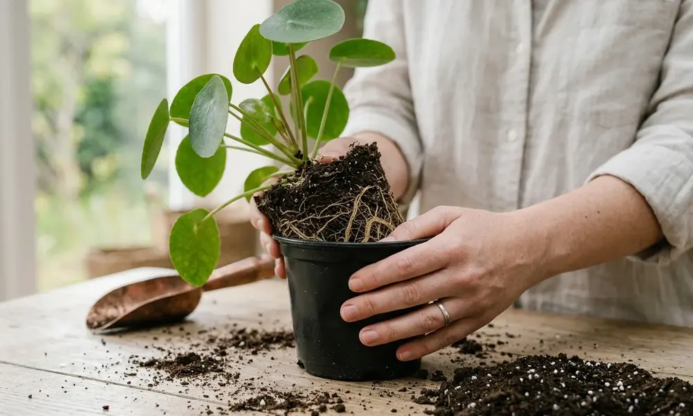 Peeacelily | How to Repot a Plant: Step-by-Step Guide for Beginners A person gently sliding a root-bound plant out of its nursery pot.