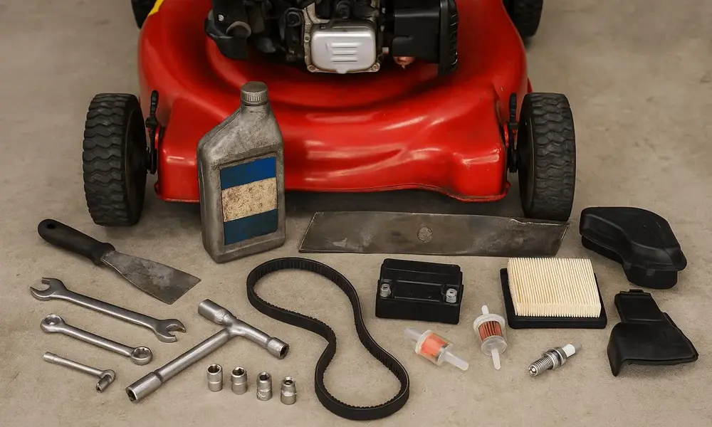 Peeacelily | Lawn Mower Repair: Common Problems and How to Fix Them A variety of lawn mower maintenance tools, replacement filters, spark plugs, and a blade laid out neatly next to a lawn mower.