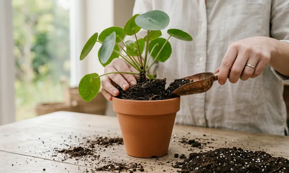 Peeacelily | How to Repot a Plant: Step-by-Step Guide for Beginners A pair of hands using a small garden scoop to add fresh potting mix around a plant.