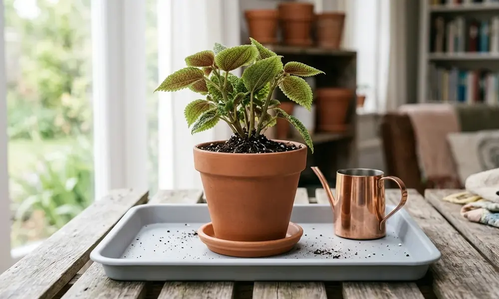 Peeacelily | How to Repot a Plant: Step-by-Step Guide for Beginners A healthy potted houseplant sitting on a tray with a watering can after being successfully repotted.