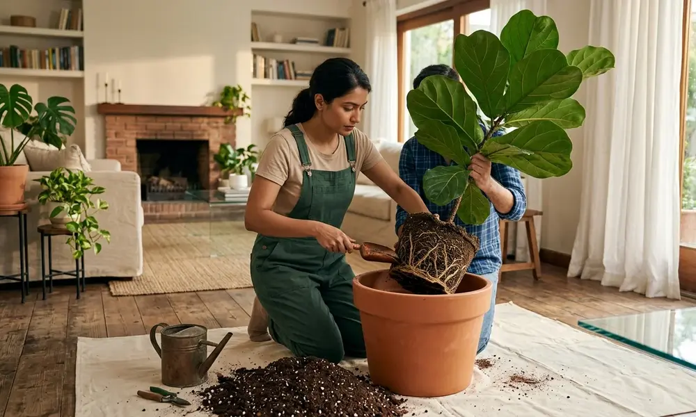 Peeacelily | How to Repot a Plant: Step-by-Step Guide for Beginners Two people carefully repotting a large fiddle leaf fig plant into a terracotta pot indoors.