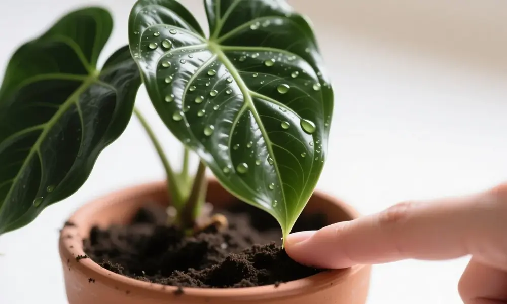 A hand checking the soil moisture of a potted tropical plant.