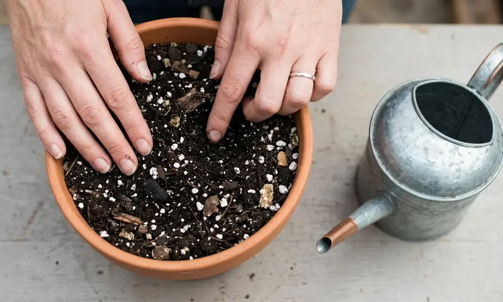 Peeacelily | ZZ Plant Care: How to Grow and Keep a ZZ Plant Healthy Indoors A pair of hands checking the moisture level of well-draining potting mix in a terracotta pot next to a small metal watering can.