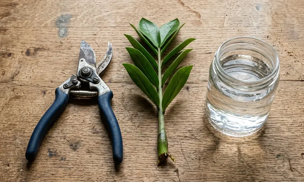 Peeacelily | ZZ Plant Care: How to Grow and Keep a ZZ Plant Healthy Indoors Garden pruning shears, a healthy ZZ plant stem cutting, and a glass jar filled with water on a wooden tabletop.