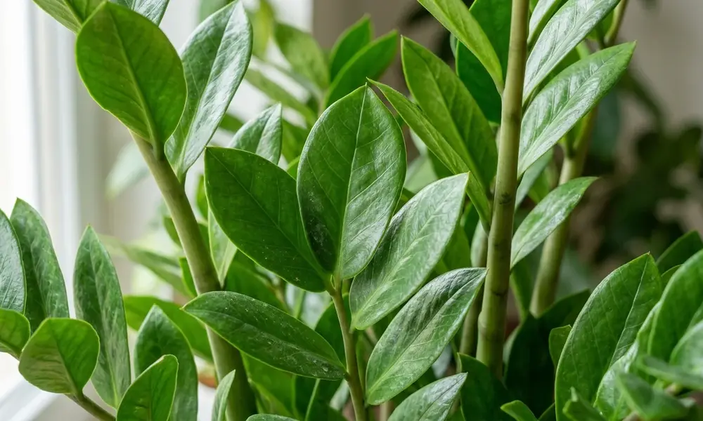 Peeacelily | ZZ Plant Care: How to Grow and Keep a ZZ Plant Healthy Indoors A close-up view of thick, glossy green leaves and stems of a ZZ plant indoors.