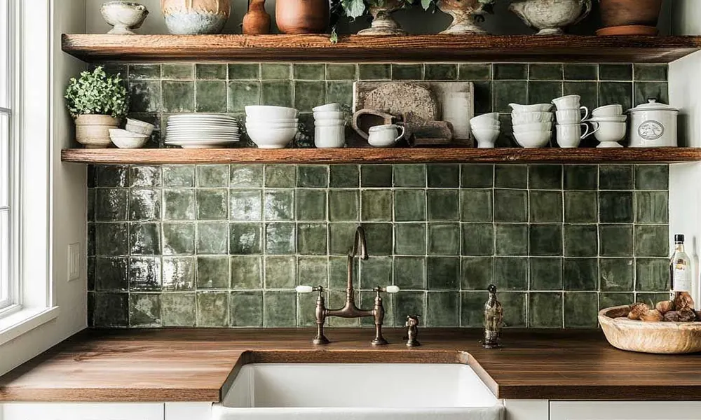 Peeacelily | Color Tiles: How to Bring Color, Pattern, and Plants Together in Your Home Deep green square tiles behind wooden open kitchen shelves filled with white ceramics and plants.