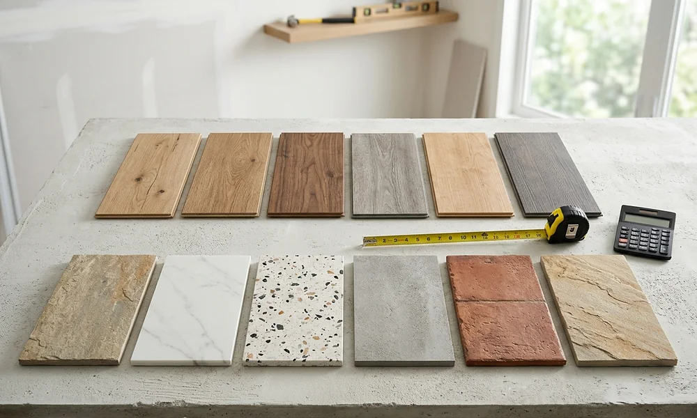 Multiple hard-surface flooring samples laid out on a table next to a tape measure and a calculator.