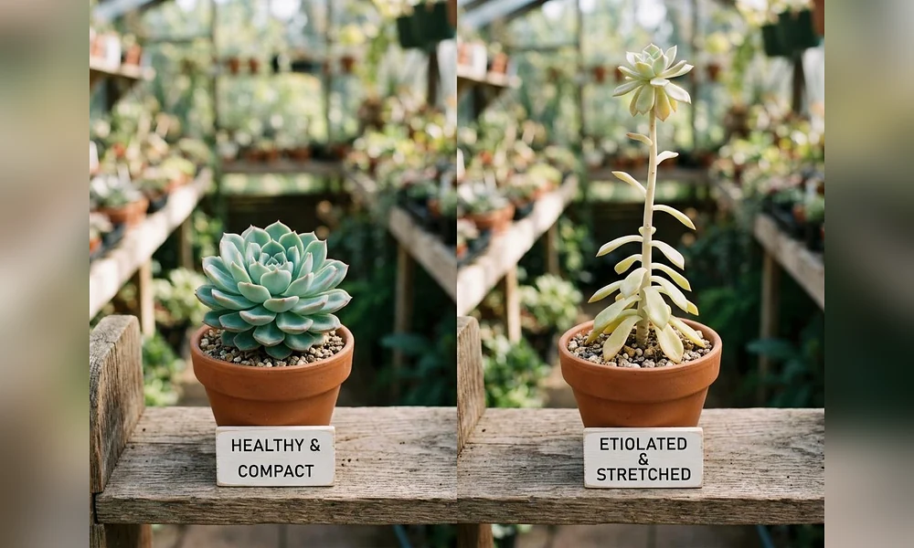 Peeacelily | Succulent Plants: A Complete Guide to Growing and Caring for Succulents Close-up view of leggy growth on a succulent plant experiencing insufficient lighting conditions