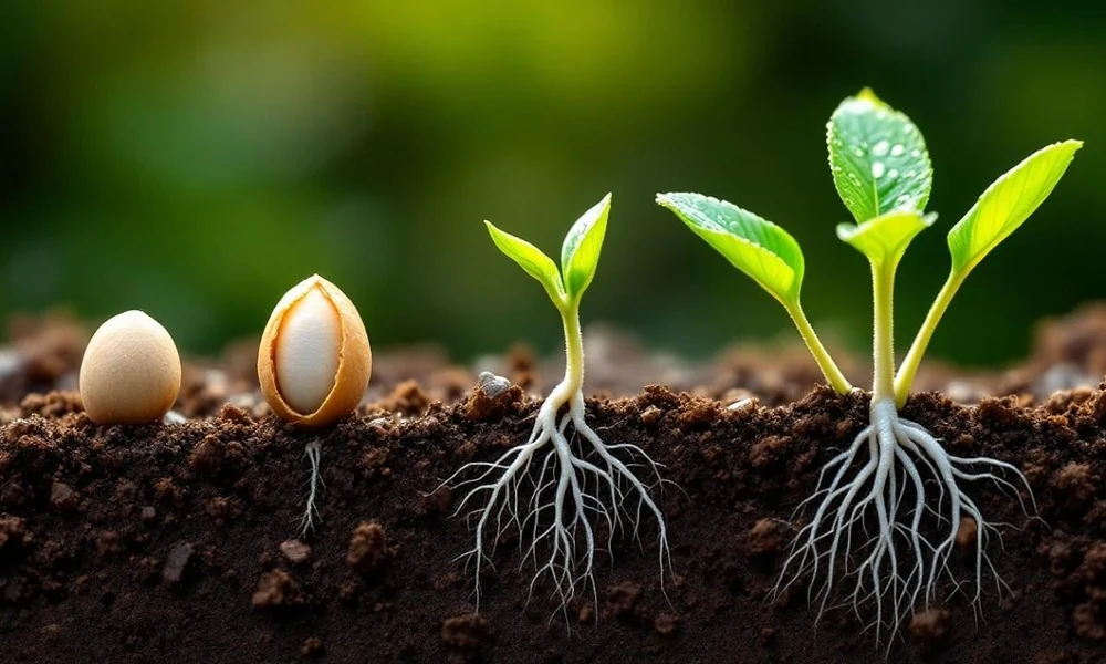 Peeacelily | Plant: A Complete Guide to Types, Growth, Care, and Benefits A small green plant sprout growing in dark soil.