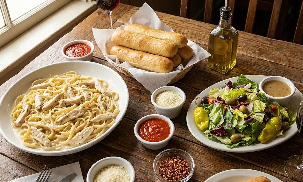 Peeacelily | Olive Garden: A Guide to the Menu, Dining, and Ordering Bowl of chicken Alfredo pasta served with house salad, dipping sauces, and warm breadsticks