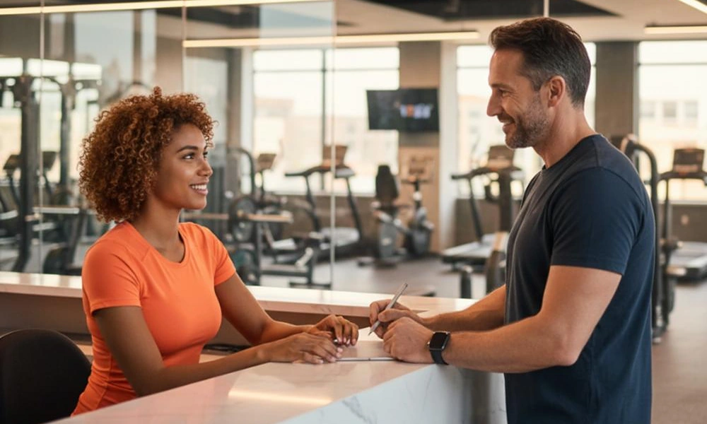 Peeacelily | Planet Fitness: Membership Costs, Equipment, Benefits, and What to Know Friendly staff member discussing membership pricing with a client at the gym reception desk