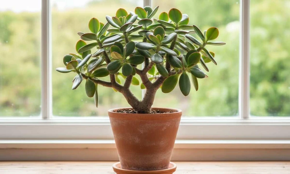 A potted jade plant placed on a windowsill to receive optimal bright indirect light.