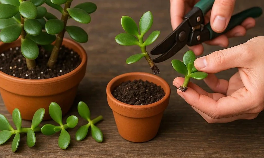 Hands using pruning shears to take stem cuttings from a jade plant alongside small pots filled with soil.
