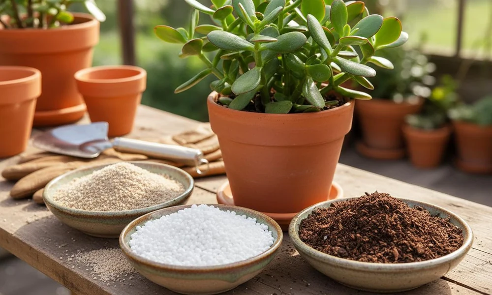 Small bowls containing perlite, sand, and succulent potting mix arranged next to a potted jade plant.