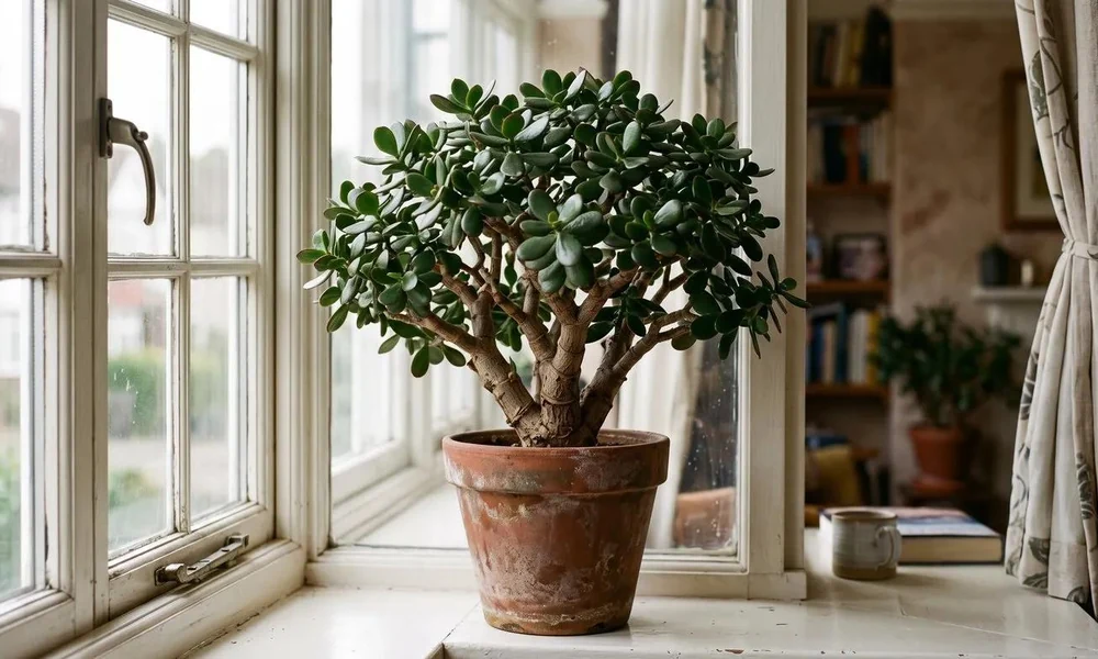 A thick-stemmed, well-branched mature jade plant sitting on a windowsill.