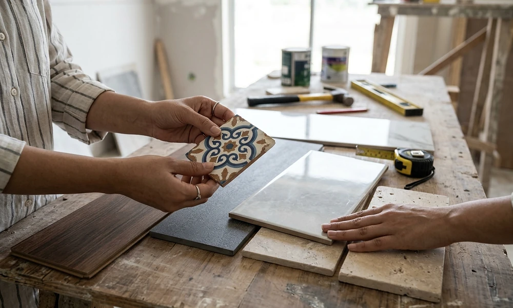 Hands examining a decorative patterned tile sample over a workbench with wood planks and subway tile.