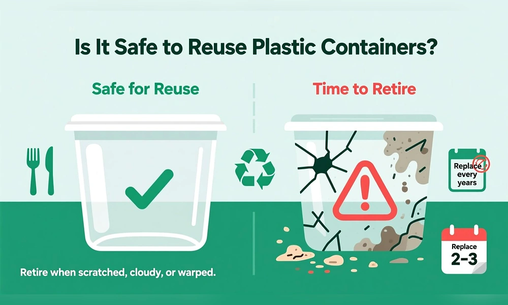 Educational infographic showing when plastic containers are safe for reuse versus when to retire them due to cracks or scratches-Repurpose Household Items