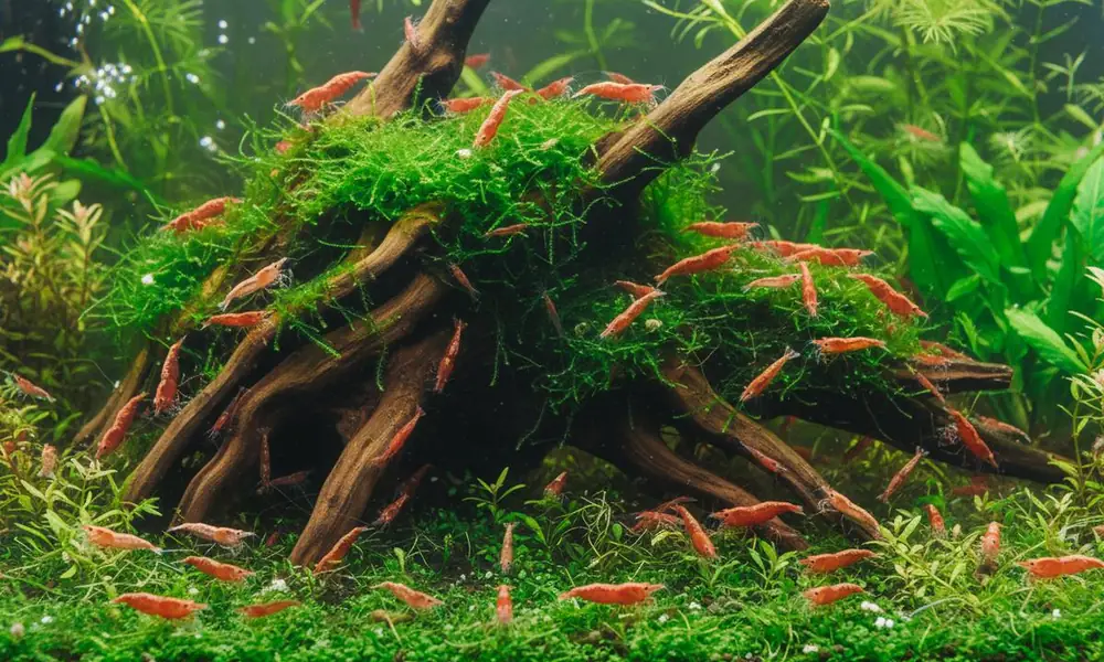 Peeacelily | Aquarium Plants: A Complete Guide to Types, Benefits, and Care Red cherry shrimp resting on Java moss in a freshwater aquarium