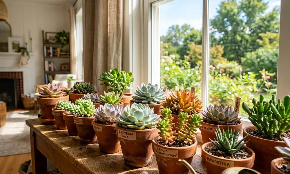 Peeacelily | Succulent Plants: A Complete Guide to Growing and Caring for Succulents A collection of labeled succulent plants planted individually in terracotta pots on a rustic wooden table