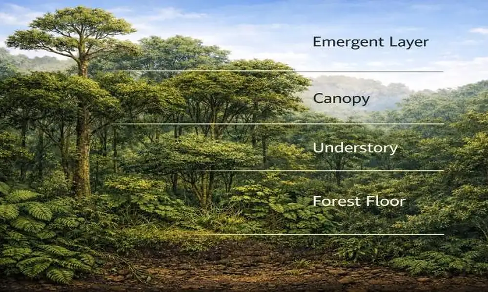 Peeacelily | Rainforest Plants: A Guide to Tropical Species, Adaptations, and Growth Labeled diagram showing the emergent layer, canopy, understory, and forest floor
