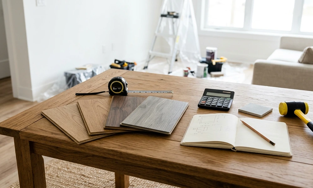Flooring samples, a tape measure, a pencil, and an open notebook with project calculations on a wooden table-Floor and Decor