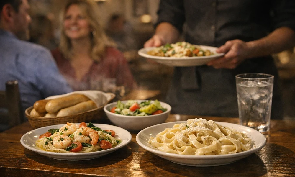 Peeacelily | Olive Garden: A Guide to the Menu, Dining, and Ordering Olive Garden restaurant server placing plates of Alfredo pasta and shrimp scampi on a dining table