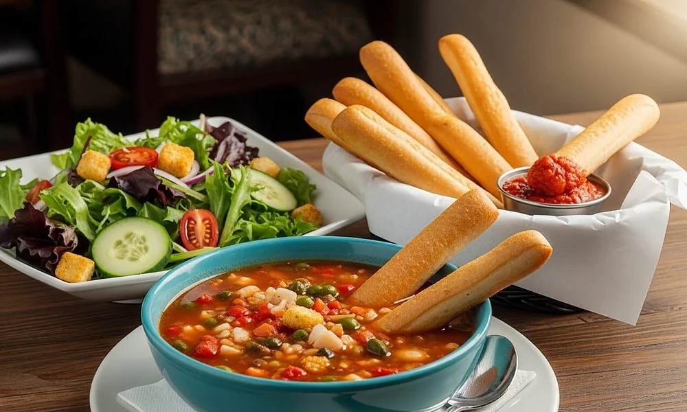 Peeacelily | Olive Garden: A Guide to the Menu, Dining, and Ordering Bowl of minestrone vegetable soup served alongside fresh garden salad and warm breadsticks