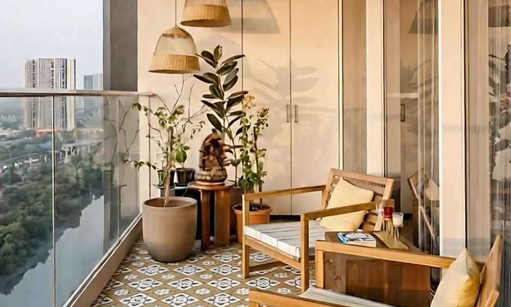Peeacelily | Color Tiles: How to Bring Color, Pattern, and Plants Together in Your Home Patterned floor tiles on an apartment balcony decorated with potted plants.
