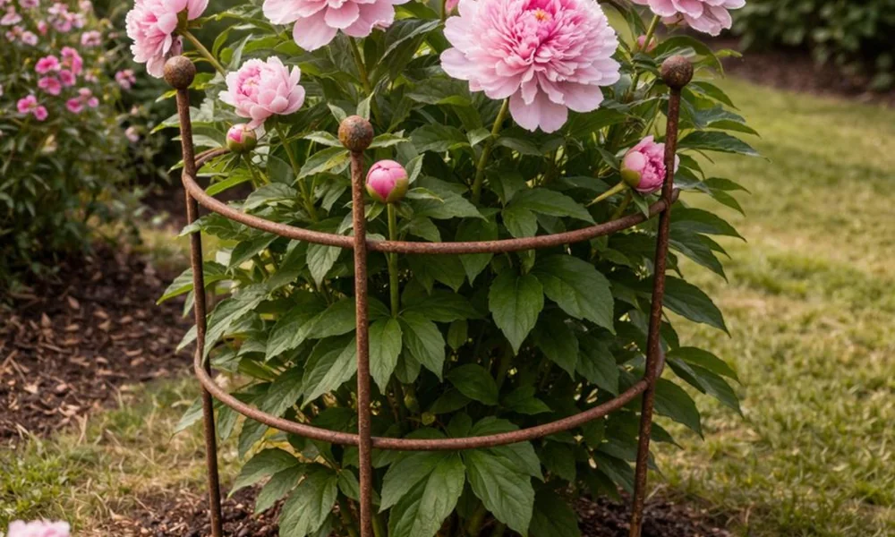Peeacelily | Peonies: How to Grow, Plant, and Care for These Magnificent Flowers Tall peony stems with large pink flowers supported by a circular garden plant support-Peonies